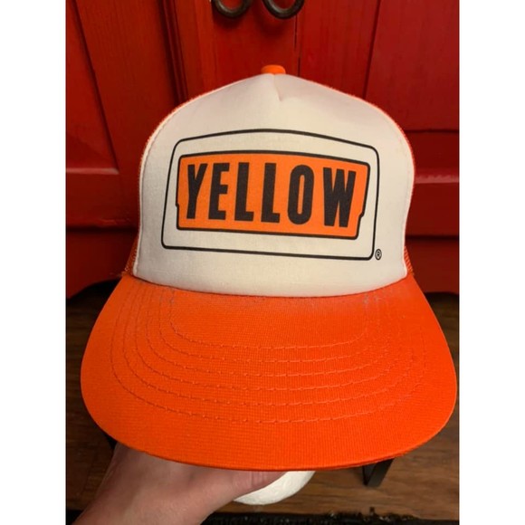 Yellow VINTAGE 1980's Trucker Hat Snapback Mesh By Headwear Orange Baseball Cap - Picture 1 of 4